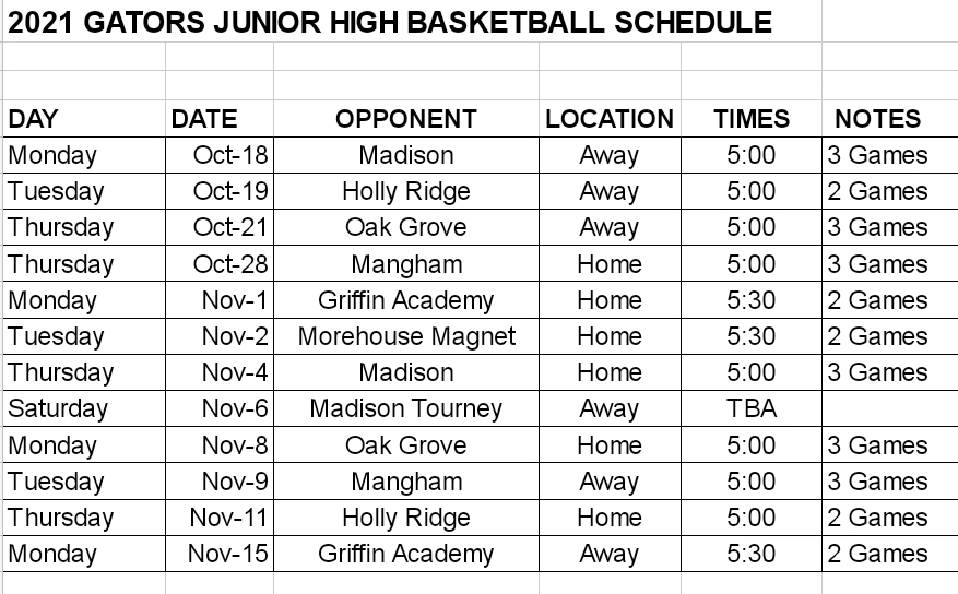 Updated Jr High Basketball Schedule